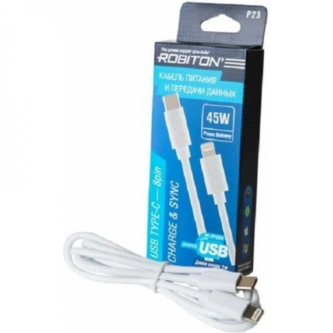 Кабель USB ROBITON P23 USB TYPE-C - 8pin (AppleLightning), Charge&Sync, 45Вт, 1м белый BL1 17949 Кабель USB ROBITON P23 USB TYPE-C - 8pin (AppleLightning), Charge&Sync, 45Вт, 1м белый BL1 17949
